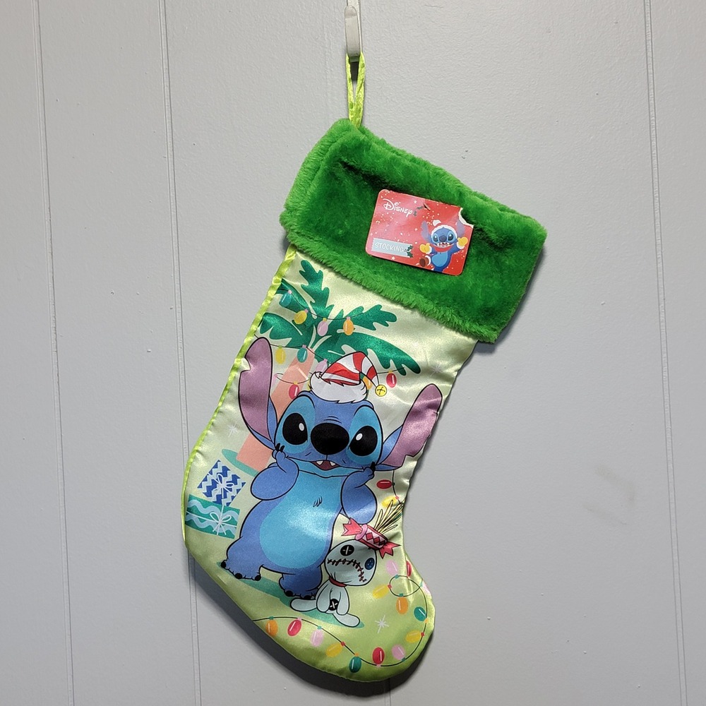 Disney Lilo & Stitch Christmas Stocking Green Satin Faux Fur Scrump Holiday 18in